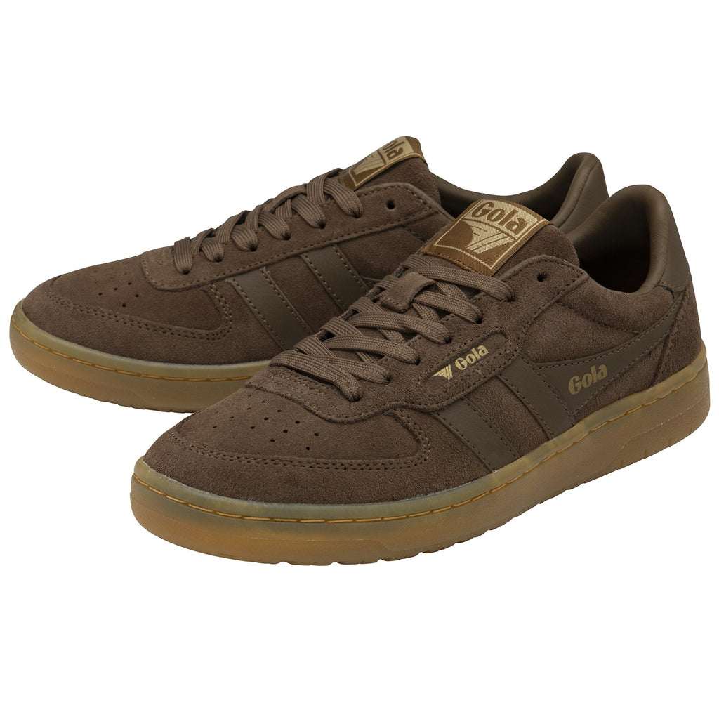 Pair of brown Gola men's sneakers, 3/4 view. The shoes have thick gum soles and suede uppers.