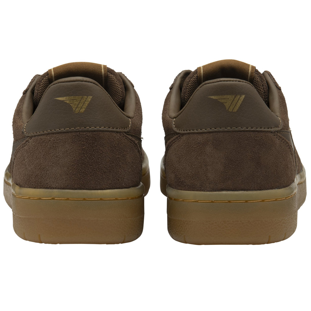 Back view of brown Gola men's sneakers. The shoes have thick gum soles and suede uppers.