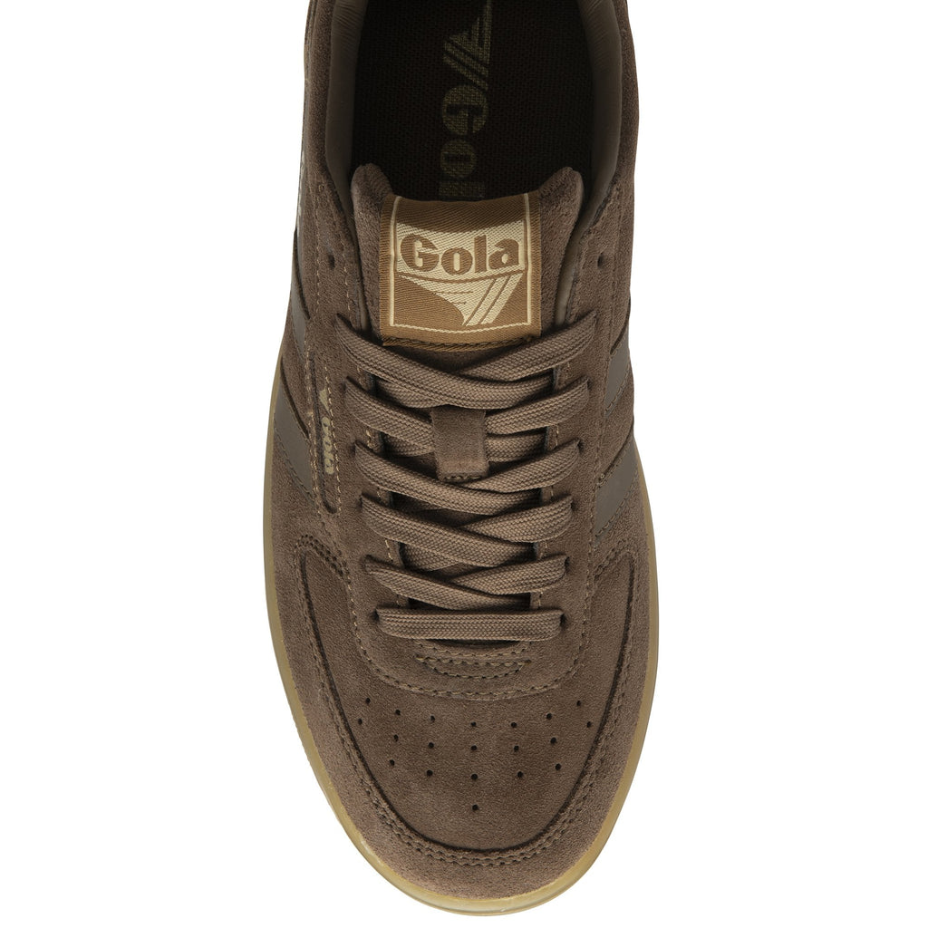 Top view of brown Gola men's sneakers. The shoes have thick gum soles and suede uppers.