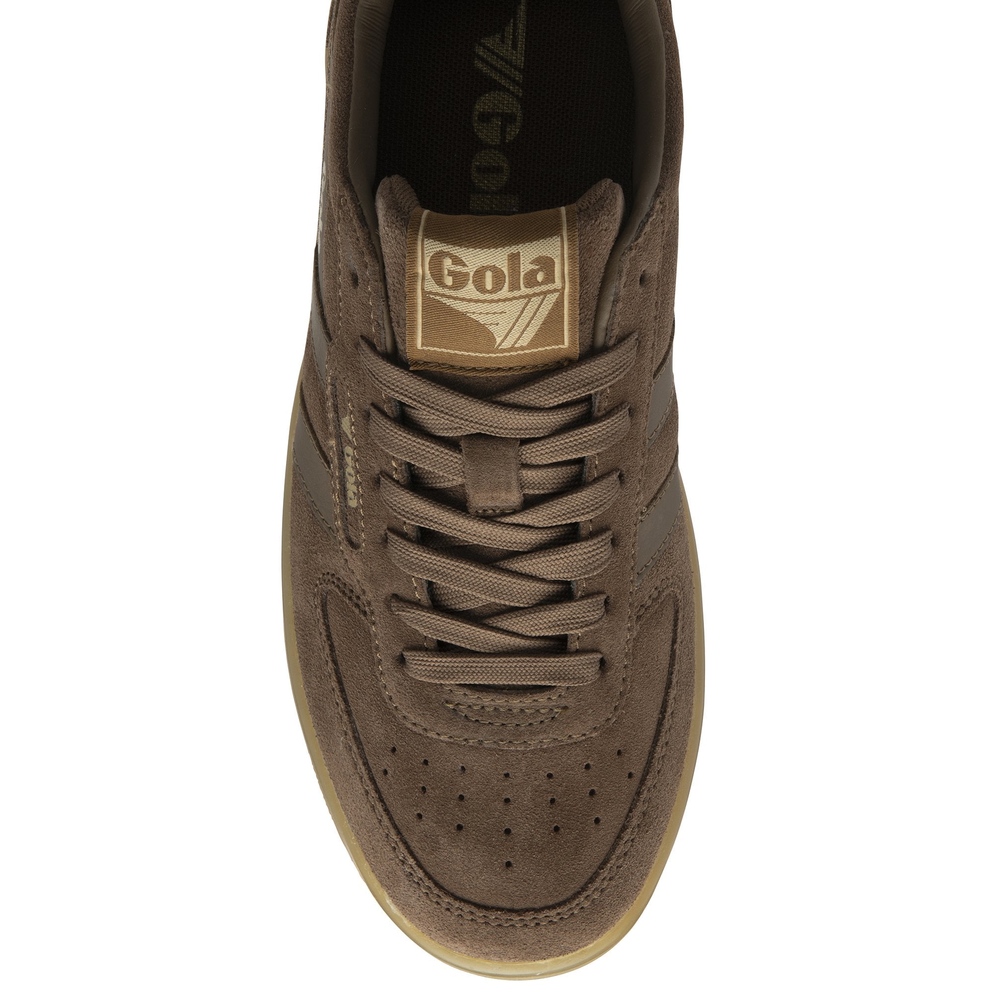 Top view of brown Gola men's sneakers. The shoes have thick gum soles and suede uppers.