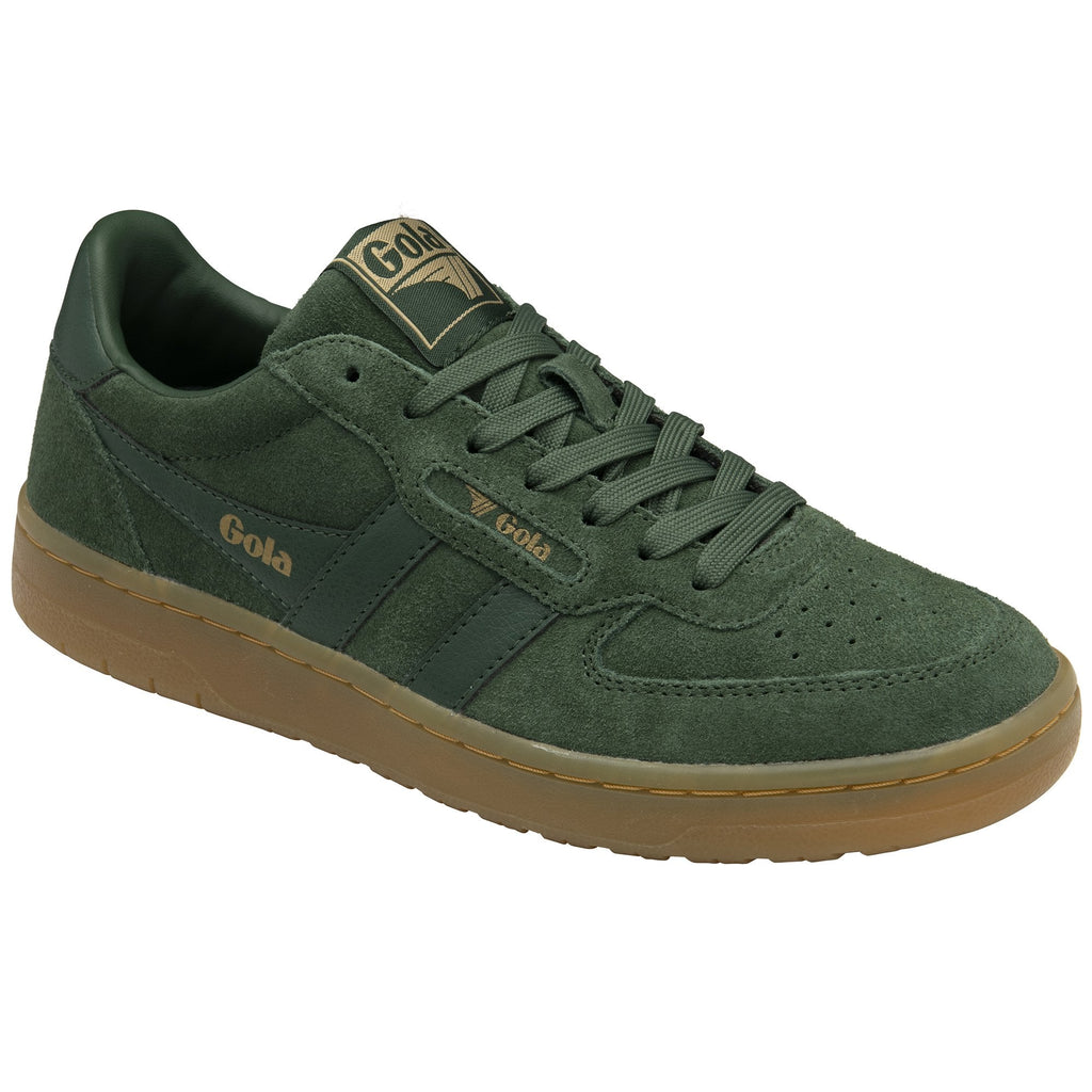 Angled view of a dark green Gola sneaker with a brown sole on a white background.