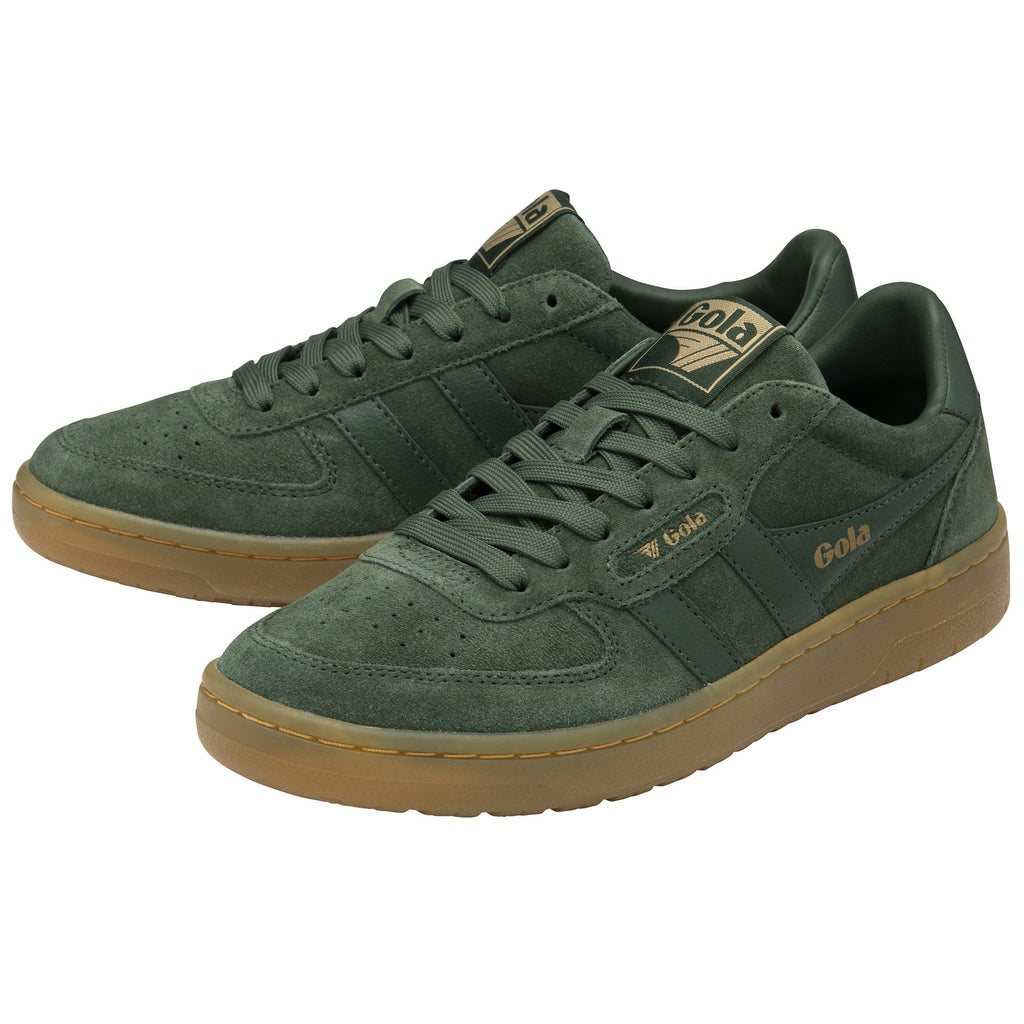 Pair of dark green Gola sneakers with brown soles on a white background.