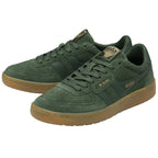 Pair of dark green Gola sneakers with brown soles on a white background.