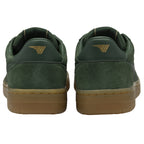Back view of a pair of dark green Gola sneakers with brown soles.
