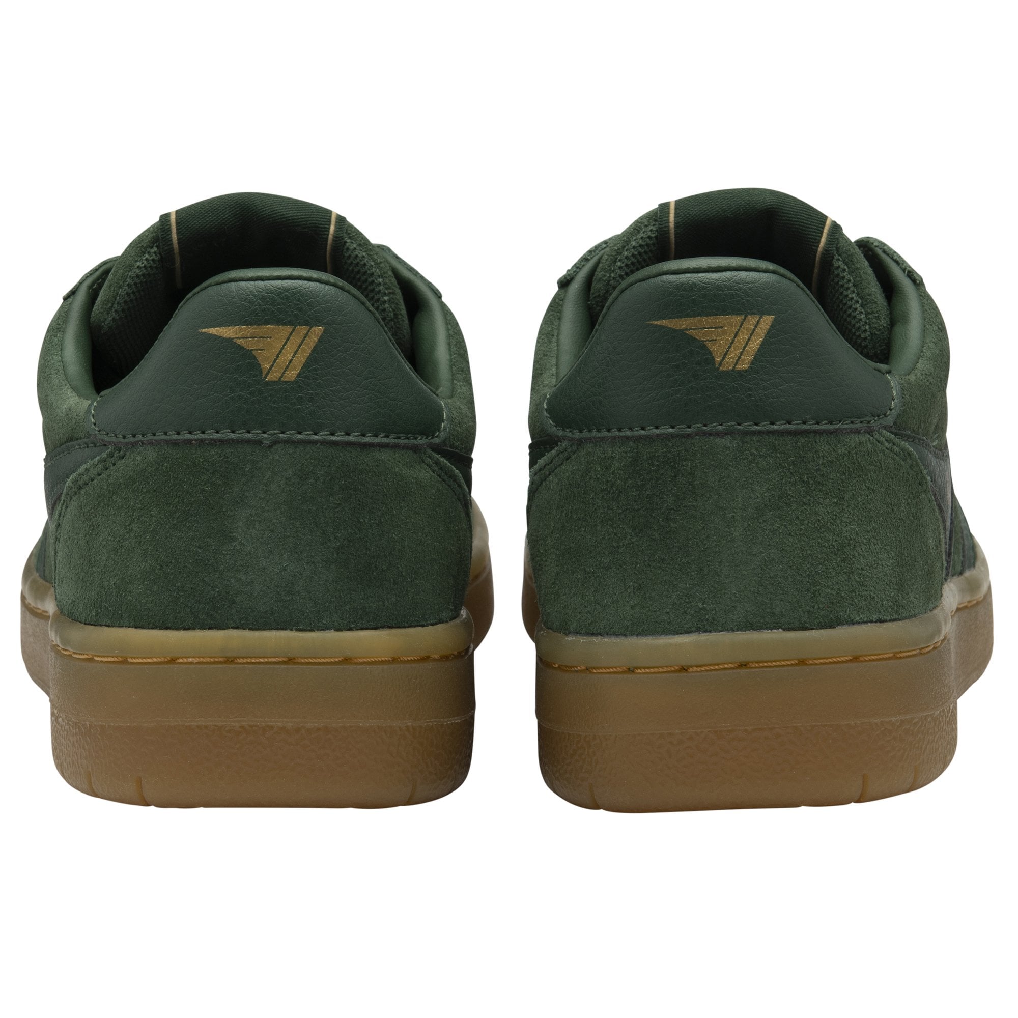 Back view of a pair of dark green Gola sneakers with brown soles.