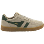 A single Gola low-top sneaker in beige suede with green stripes and a gum sole.
