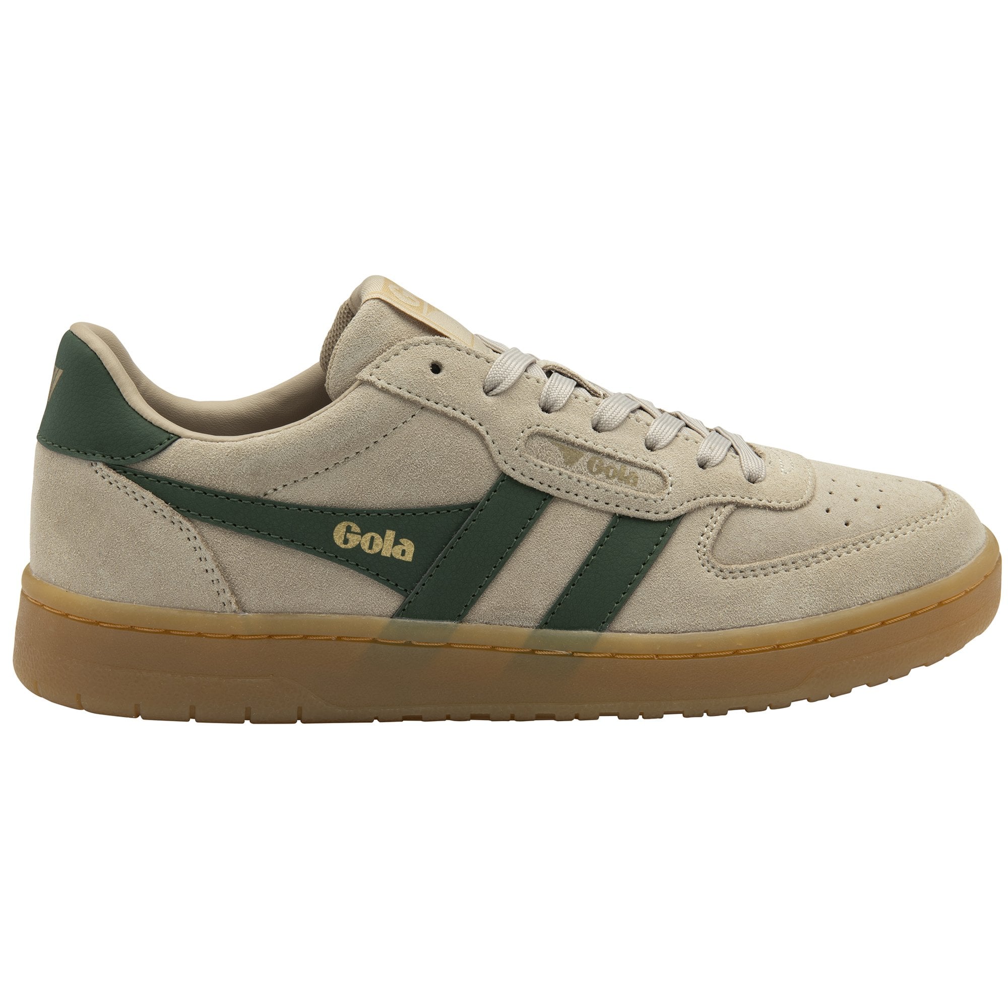 A single Gola low-top sneaker in beige suede with green stripes and a gum sole.