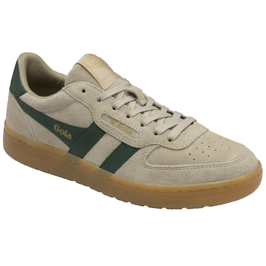 A single Gola low-top sneaker, light tan with green stripes, shown from a different angle.