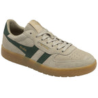 A single Gola low-top sneaker, light tan with green stripes, shown from a different angle.