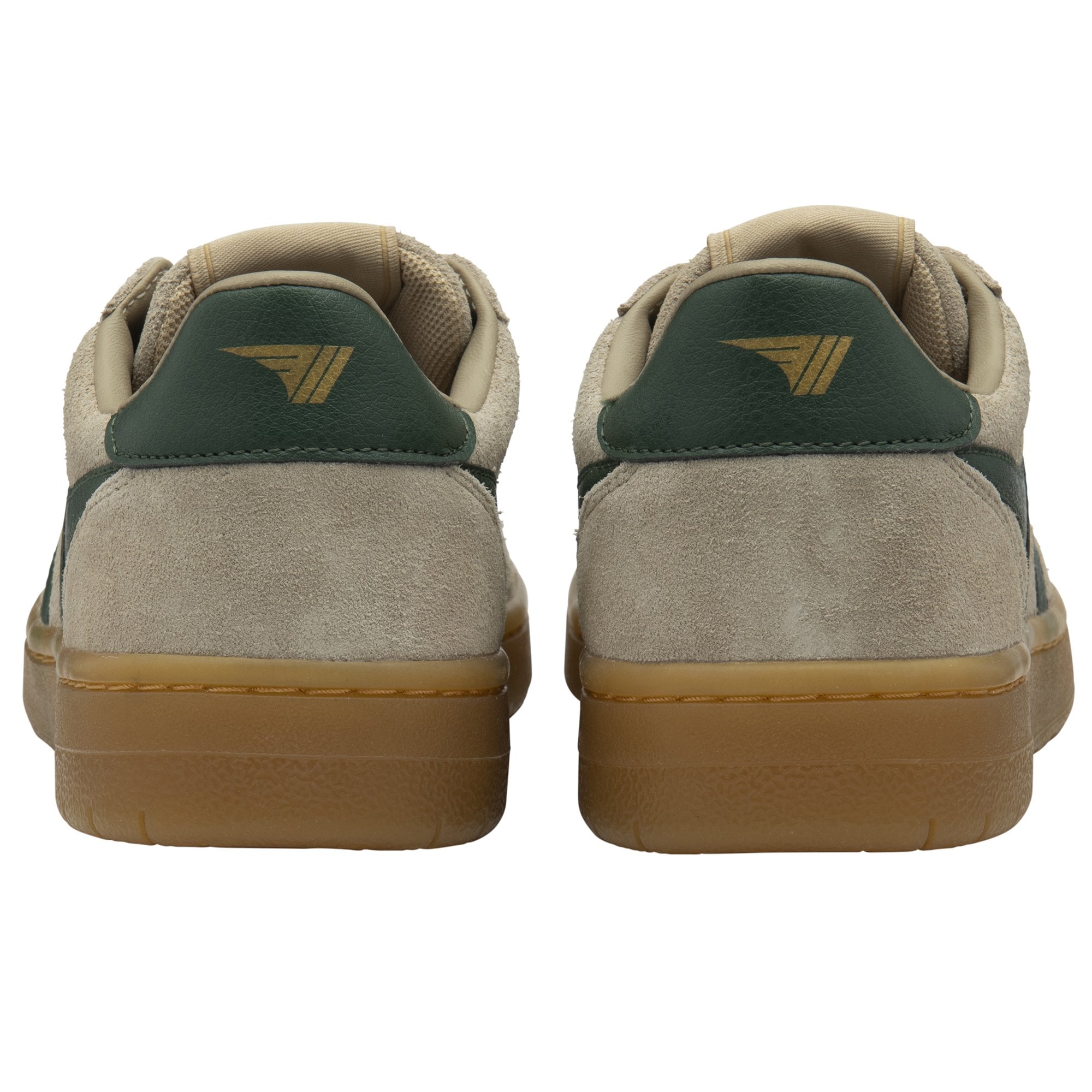 The back view of a pair of Gola low-top sneakers in beige with green heel accents.