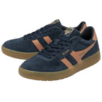 A pair of Gola Daytona trainers in navy and tan, placed side-by-side.