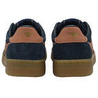 A pair of Gola Daytona trainers in navy and tan, viewed from the rear.
