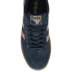 A single Gola Daytona trainer in navy and tan, viewed from directly above.