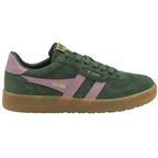 A single Gola low-top sneaker, dark green suede with light pink stripes, viewed from the side.