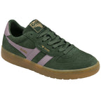 A single Gola low-top sneaker, dark green suede with light pink stripes, angled right.