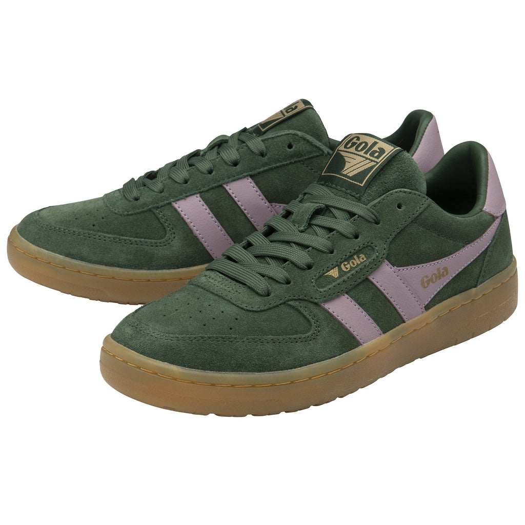 A pair of Gola low-top sneakers, dark green suede with light pink stripes.