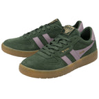 A pair of Gola low-top sneakers, dark green suede with light pink stripes.