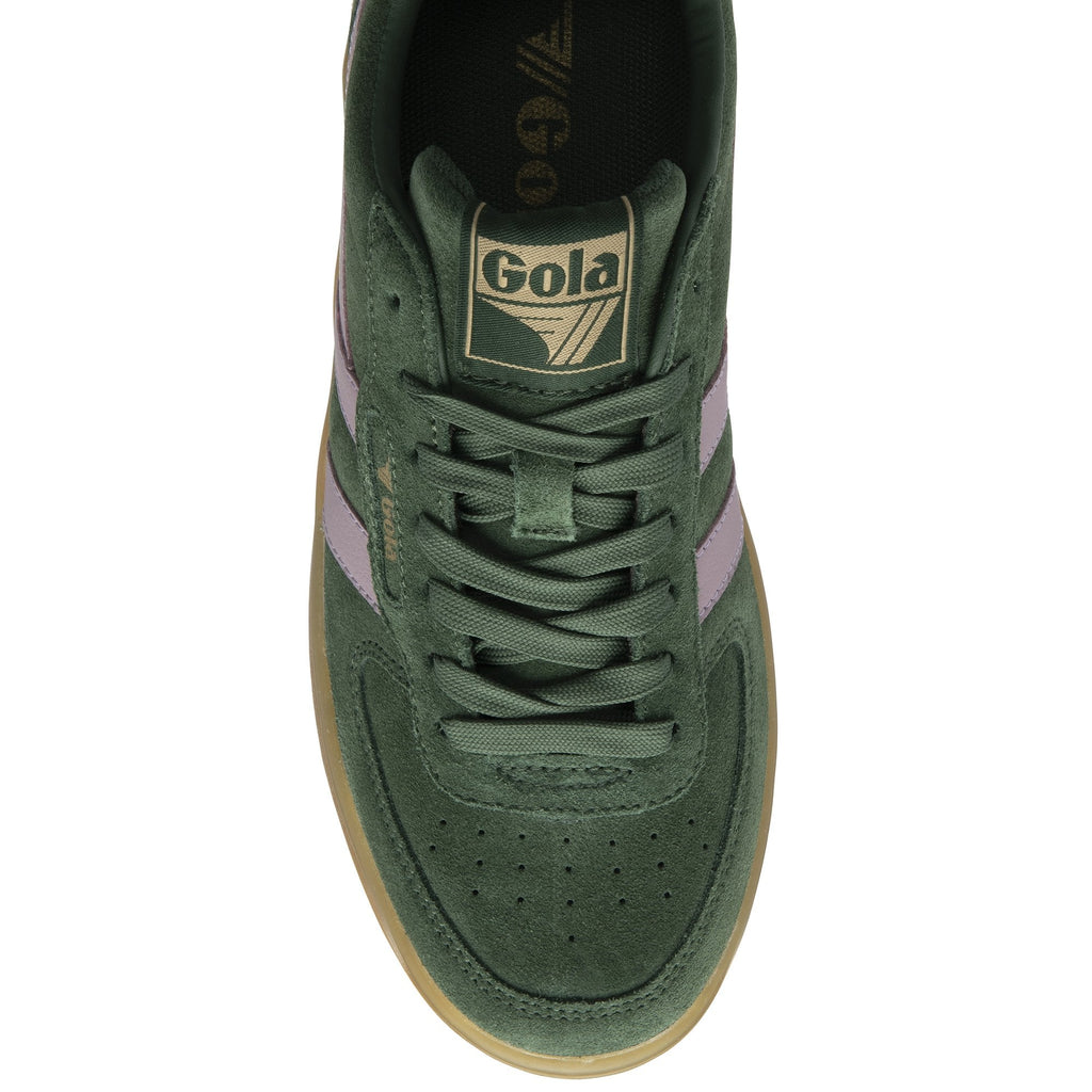 The top-down view of a single Gola low-top sneaker, dark green suede with light pink stripes.