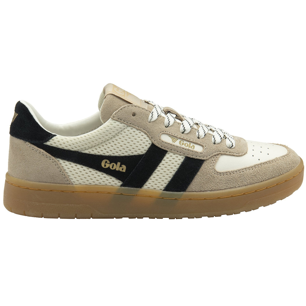 Side profile of a Gola white and beige sneaker with black stripes.