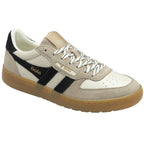 Angled view of a Gola white and beige sneaker with black stripes.