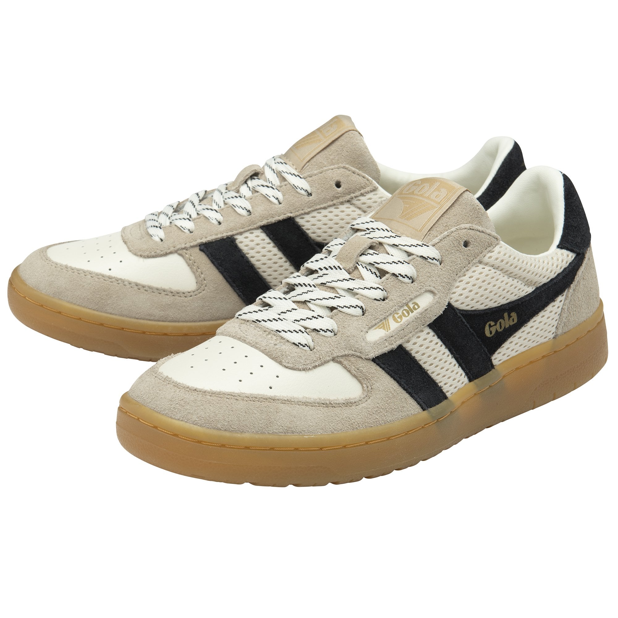 Pair of Gola white and beige sneakers with black stripes.