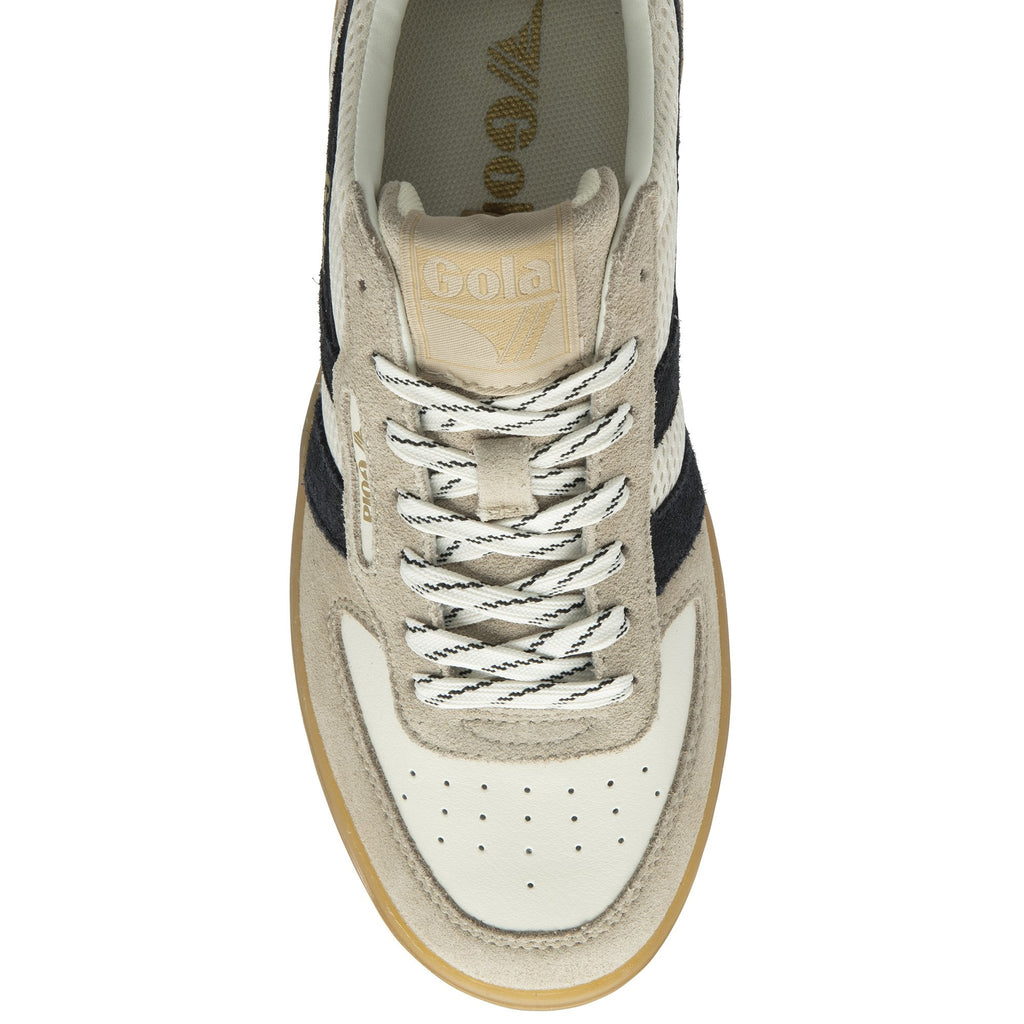 Top-down view of a Gola white and beige sneaker with black stripes.