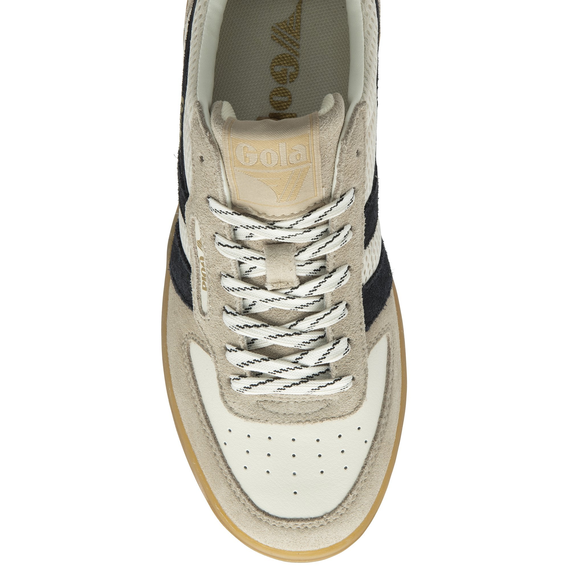 Top-down view of a Gola white and beige sneaker with black stripes.