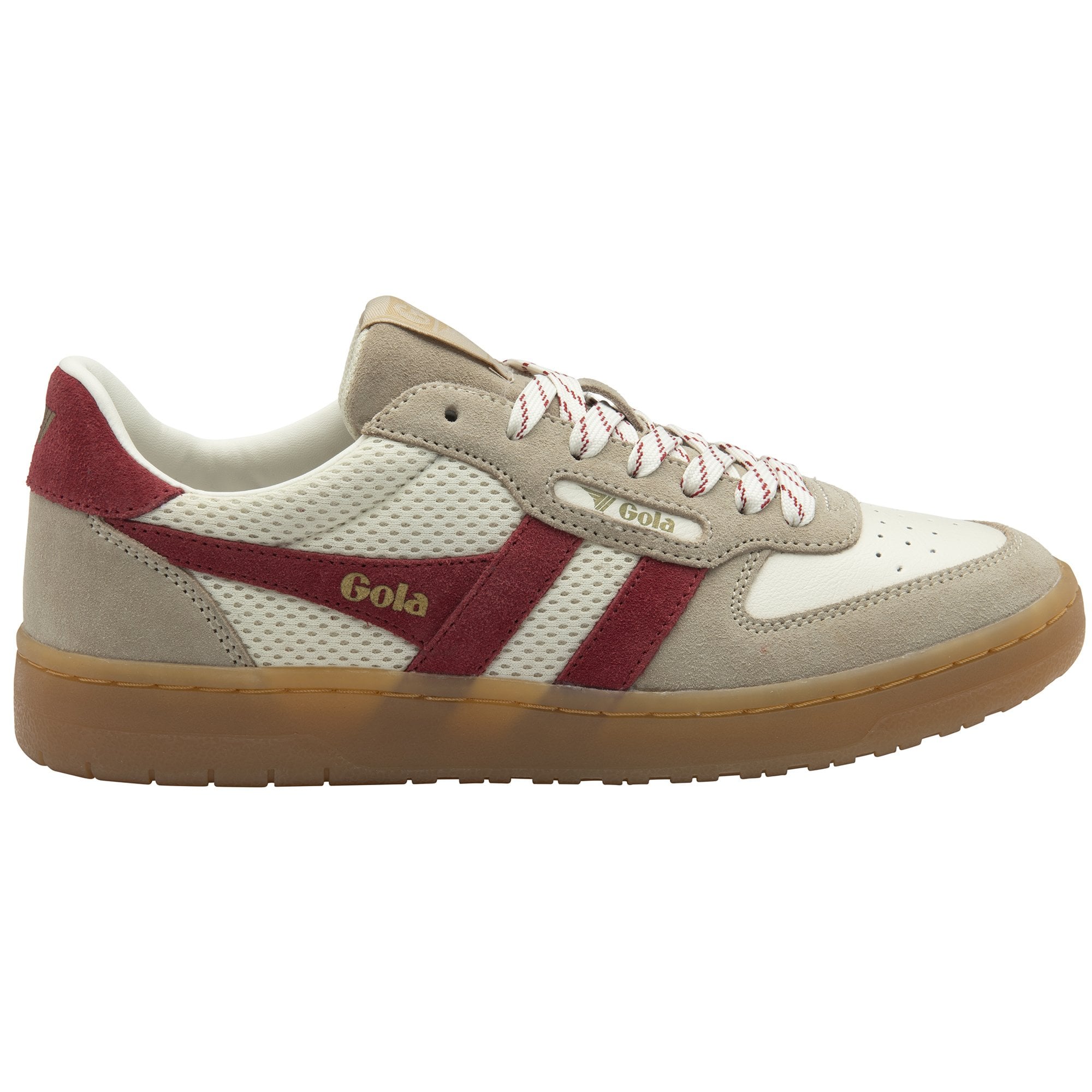 A single Gola low-top sneaker, off-white with red stripes, on a white background.