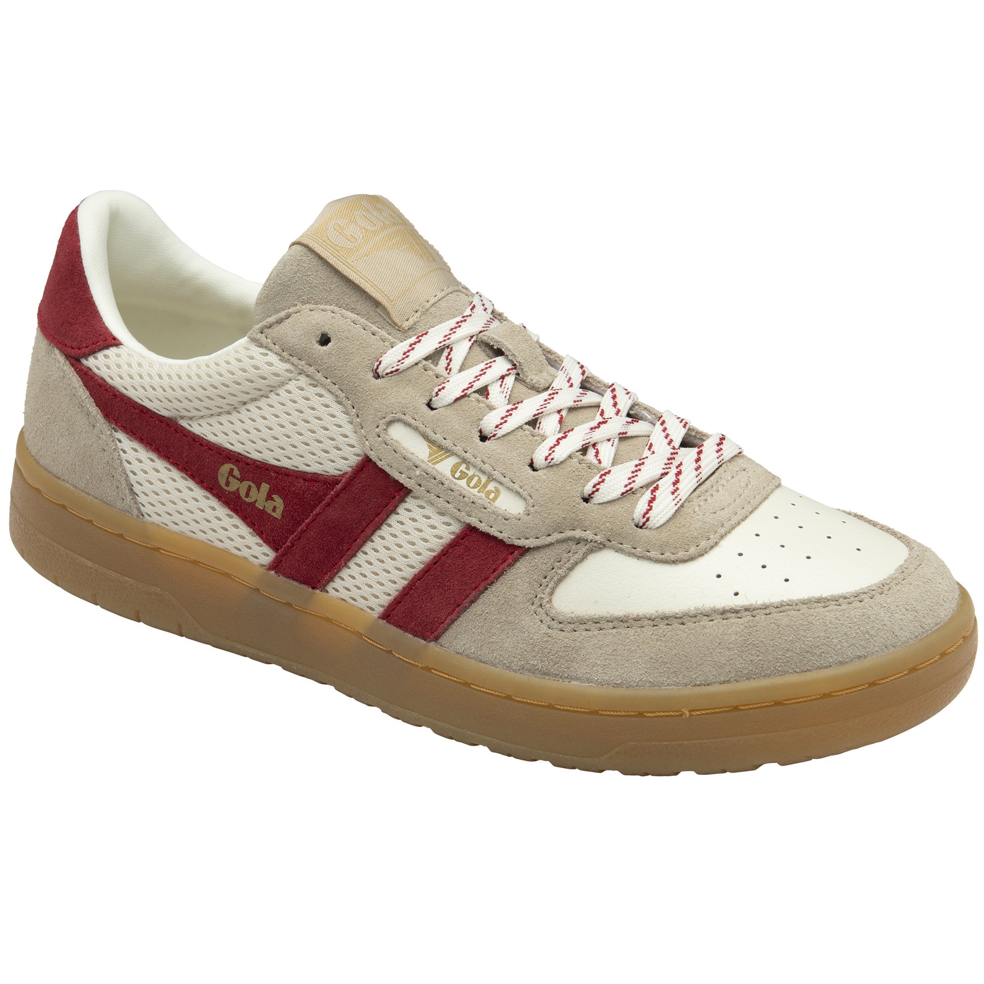 A single Gola low-top sneaker, off-white with red stripes, shown at an angle.