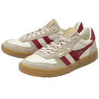 A pair of Gola low-top sneakers, off-white with red stripes, on a white background.