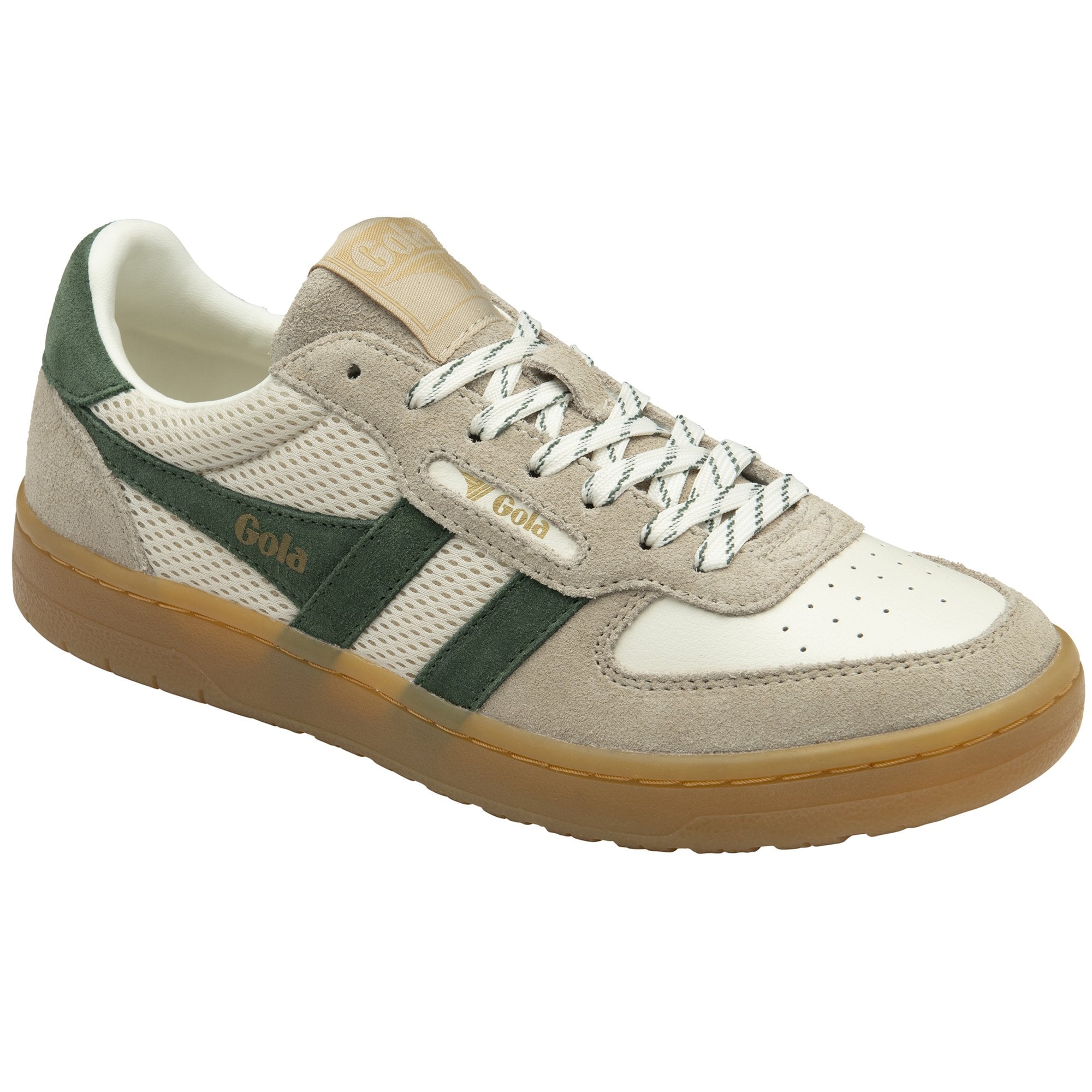 A single Gola low-top sneaker in beige, white, and green with a gum sole, angled slightly.