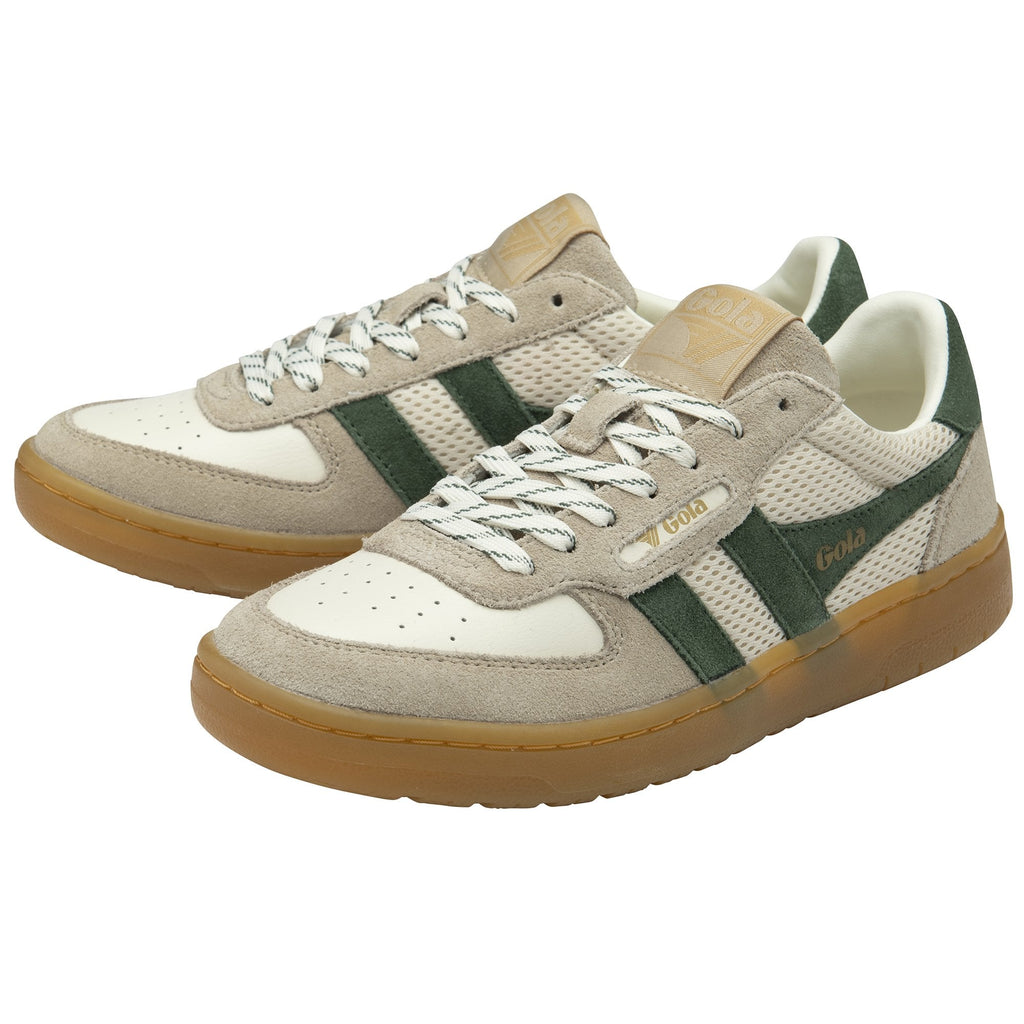 A pair of Gola low-top sneakers in beige, white, and green with gum soles.