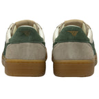 A rear view of a pair of Gola low-top sneakers in beige, white, and green.