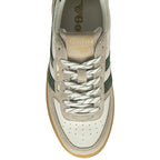 A top-down view of a single Gola low-top sneaker in beige, white, and green.