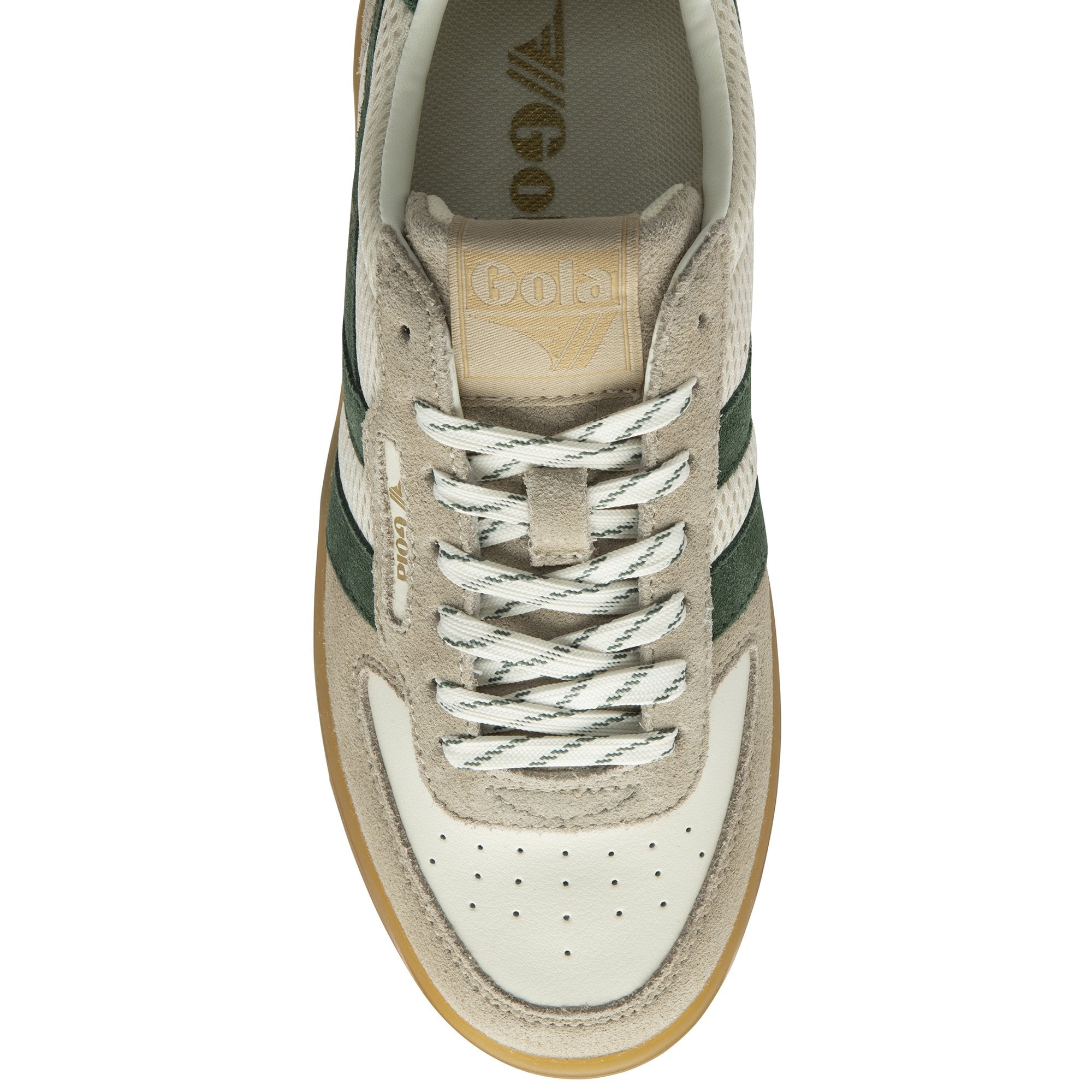 A top-down view of a single Gola low-top sneaker in beige, white, and green.