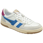 A white Gola sneaker with blue stripes and a magenta heel tab, angled view.