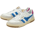 A pair of white Gola sneakers with blue stripes and magenta heel tabs.