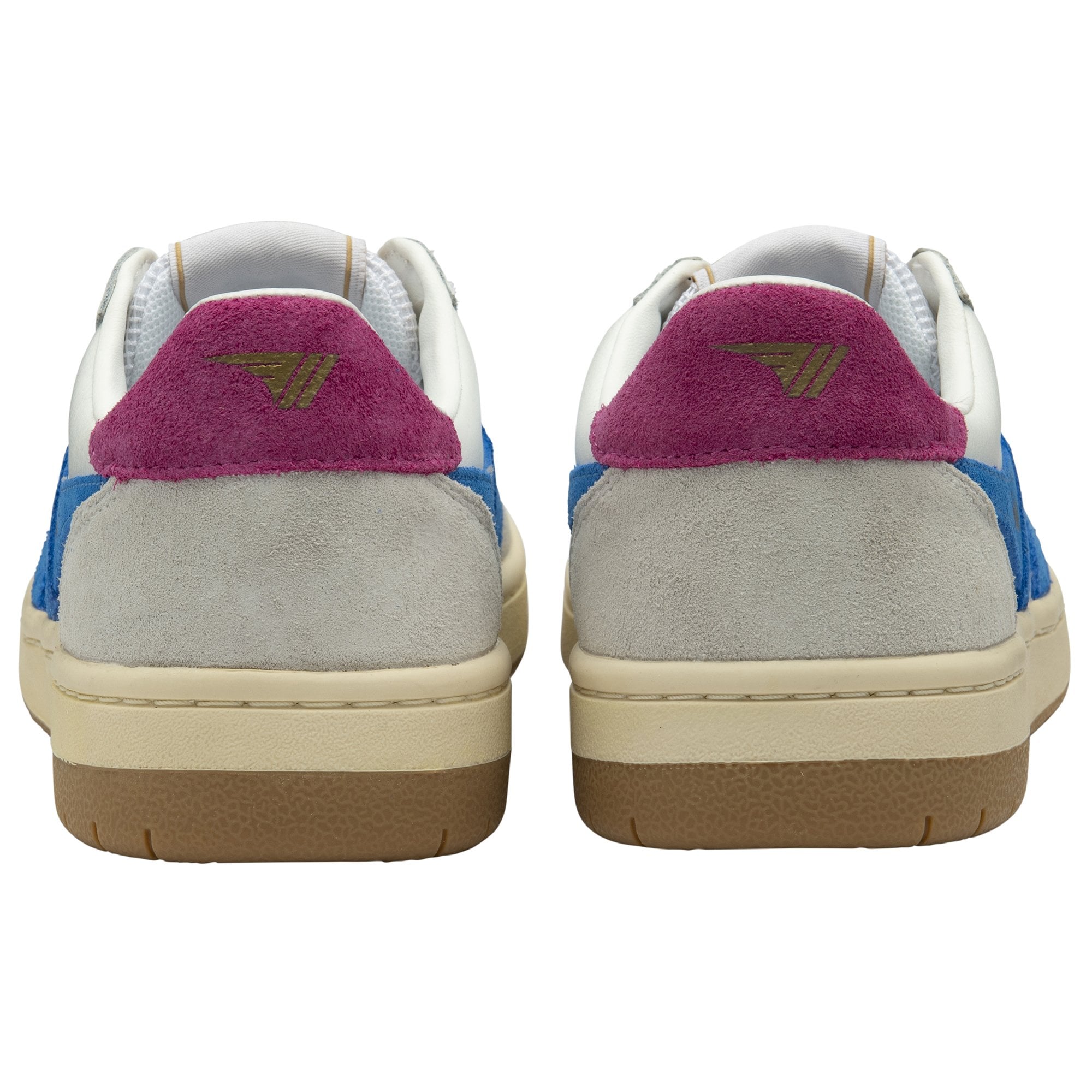 The back view of a pair of white Gola sneakers with magenta heel tabs.