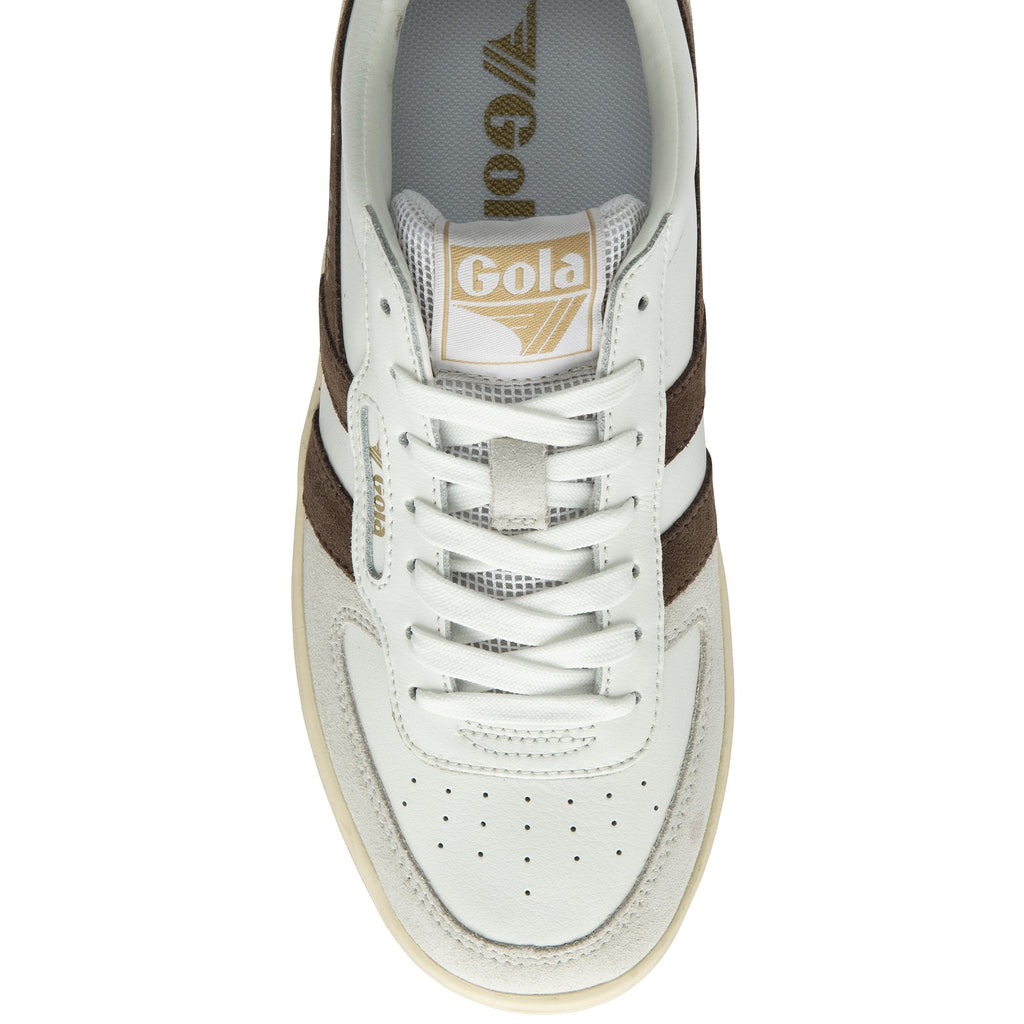 Pair of white and brown Gola men's sneakers from above.