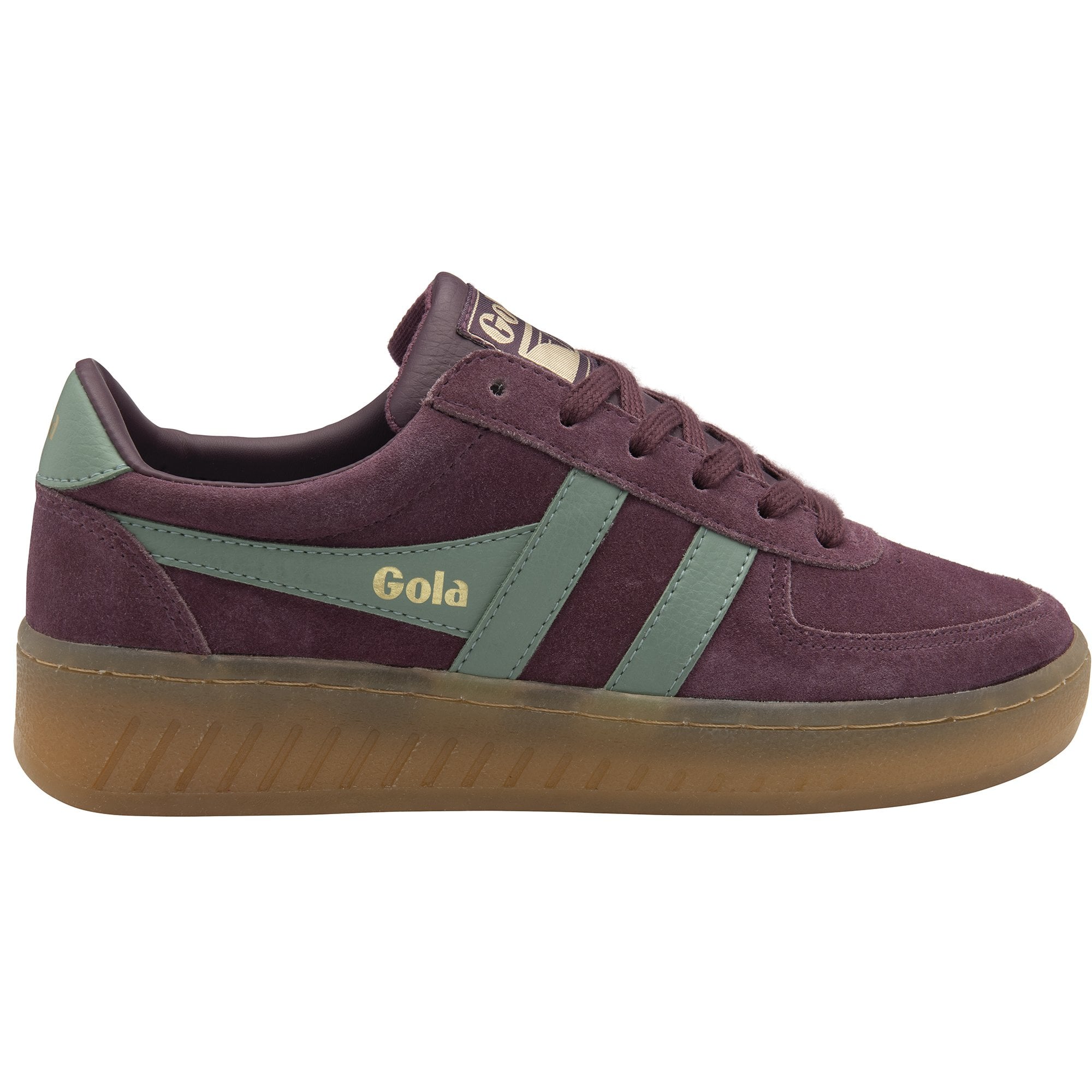 A single Gola low-top sneaker in burgundy with sage green stripes, side profile, brown sole.