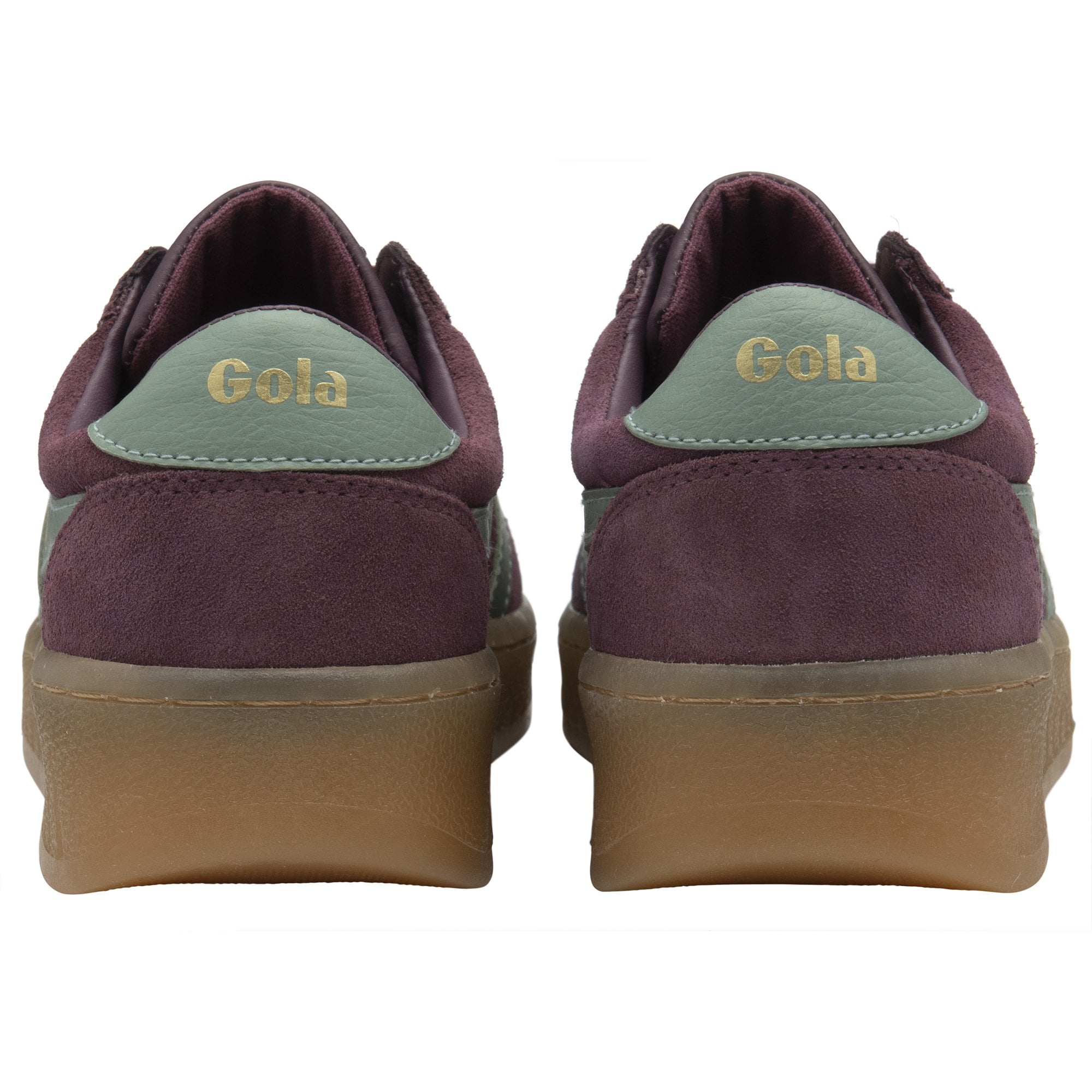 A pair of Gola low-top sneakers in burgundy with sage green stripes, from the back.