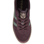 A single Gola low-top sneaker in burgundy with sage green stripes, top down view.