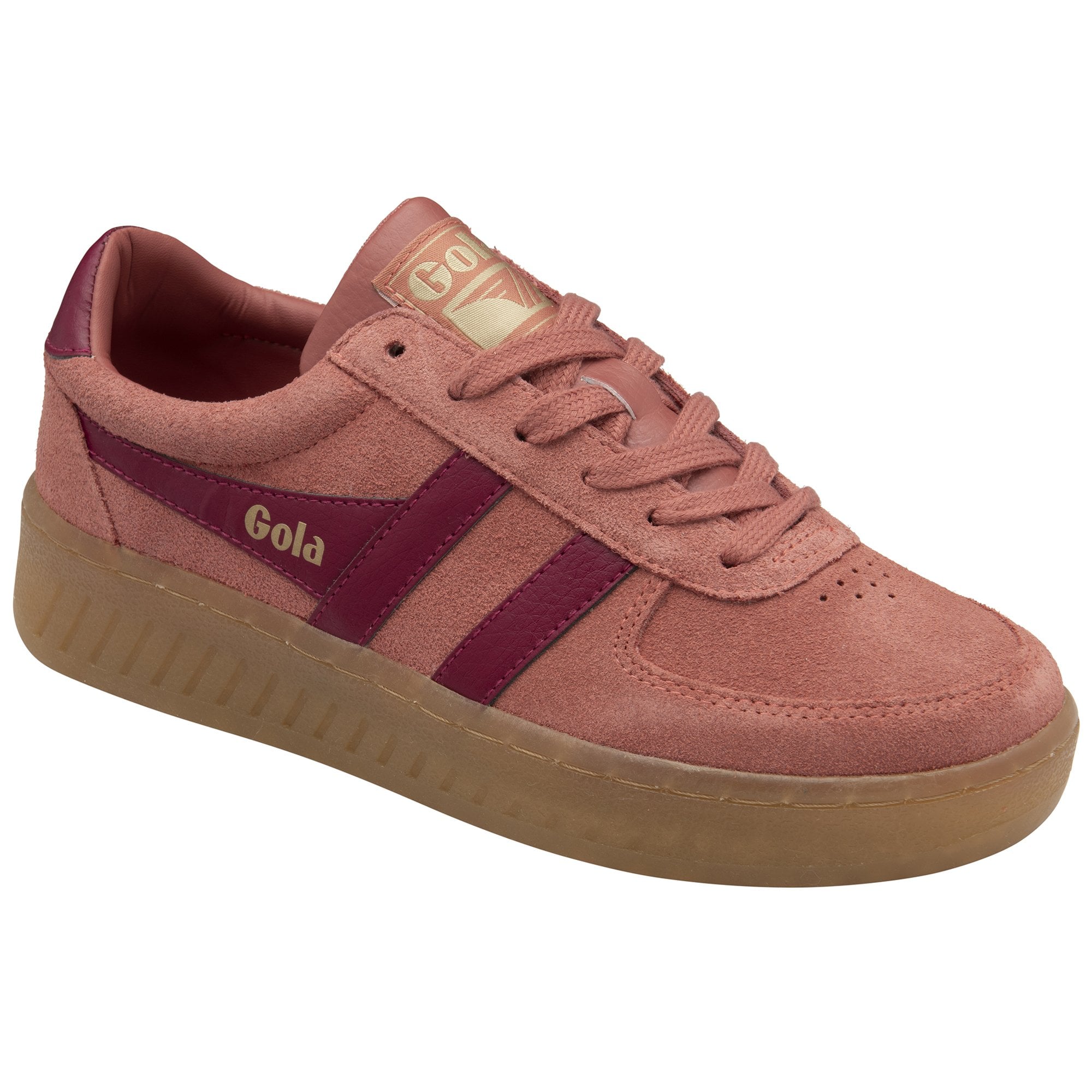 A single Gola Elan Suede trainer in mesa rose and burgundy, angled slightly.