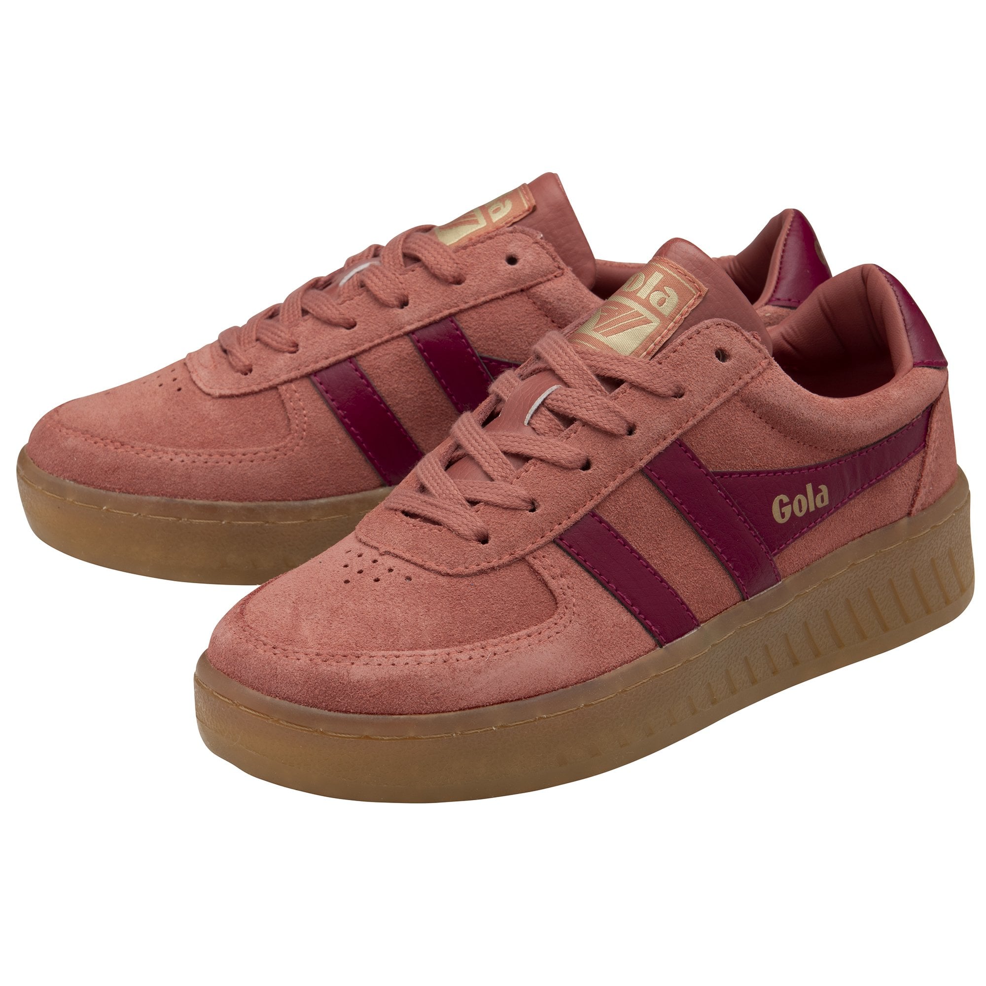 A pair of Gola Elan Suede trainers in mesa rose and burgundy, side view.