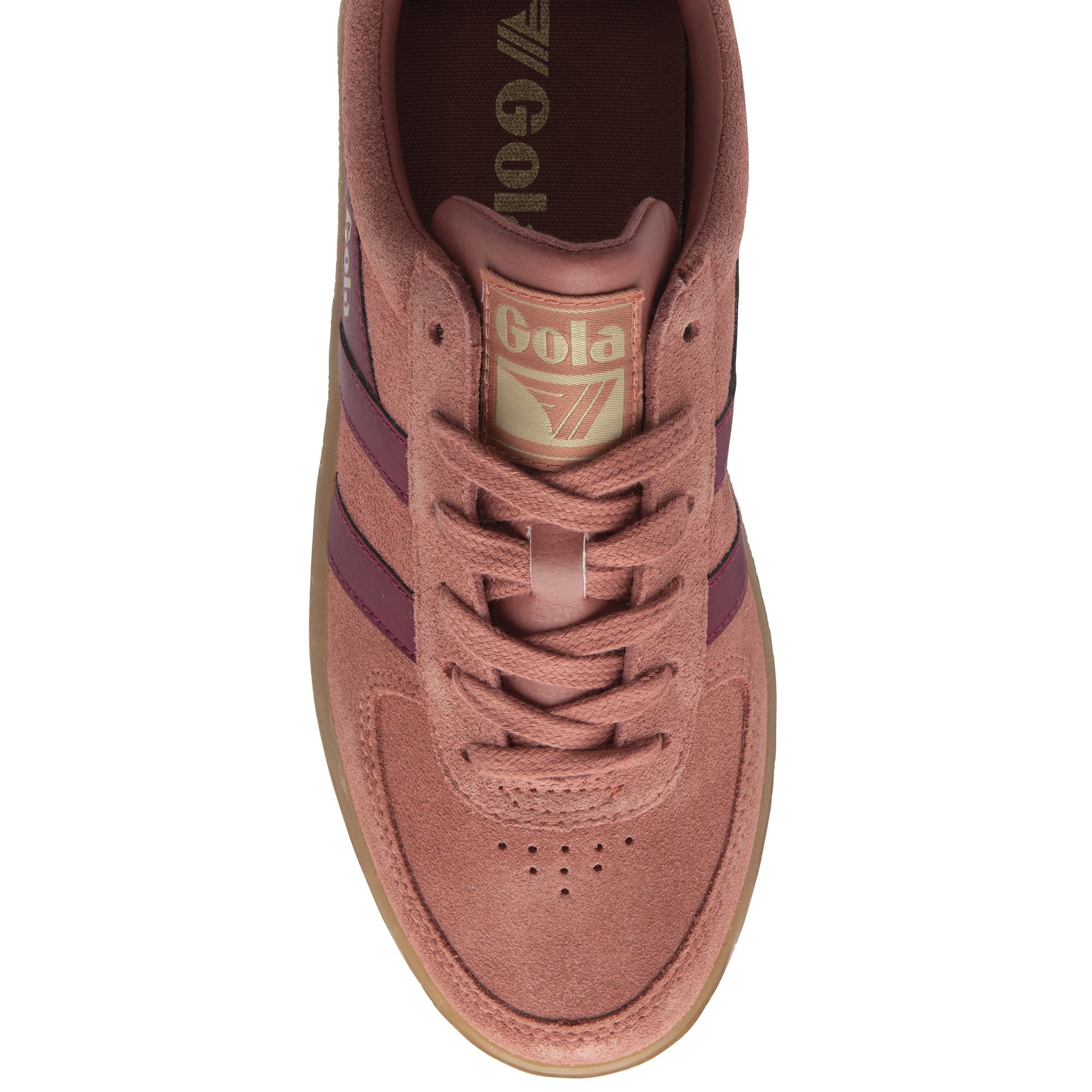 Top-down view of a single Gola Elan Suede trainer in mesa rose and burgundy.