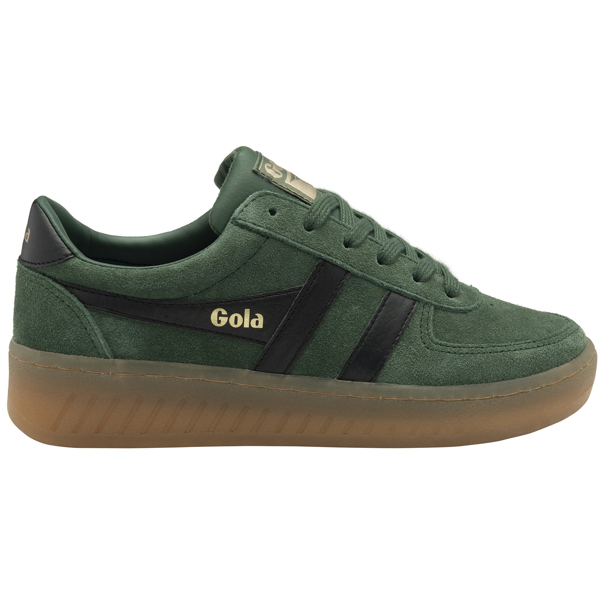 A single dark green Gola sneaker with a brown sole and black stripes on the side.