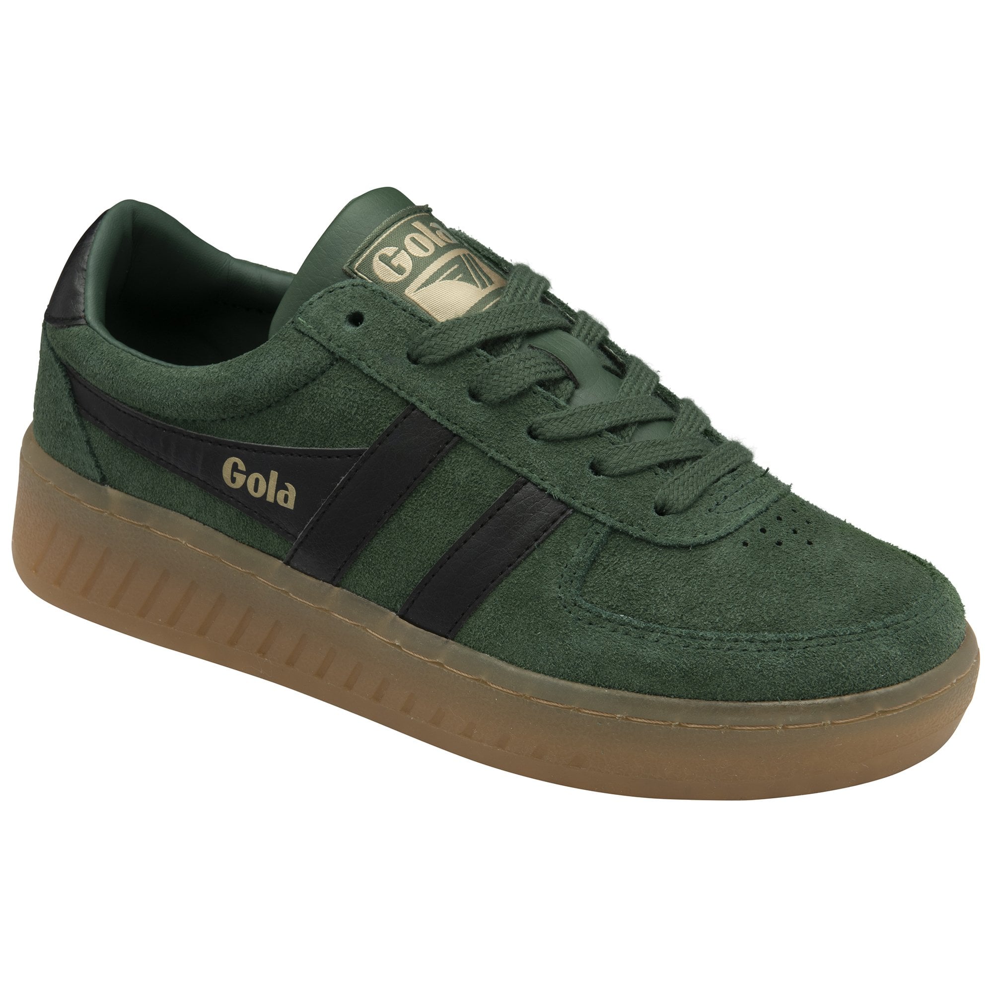 A single dark green Gola sneaker with a brown sole, angled to show the Gola logo.
