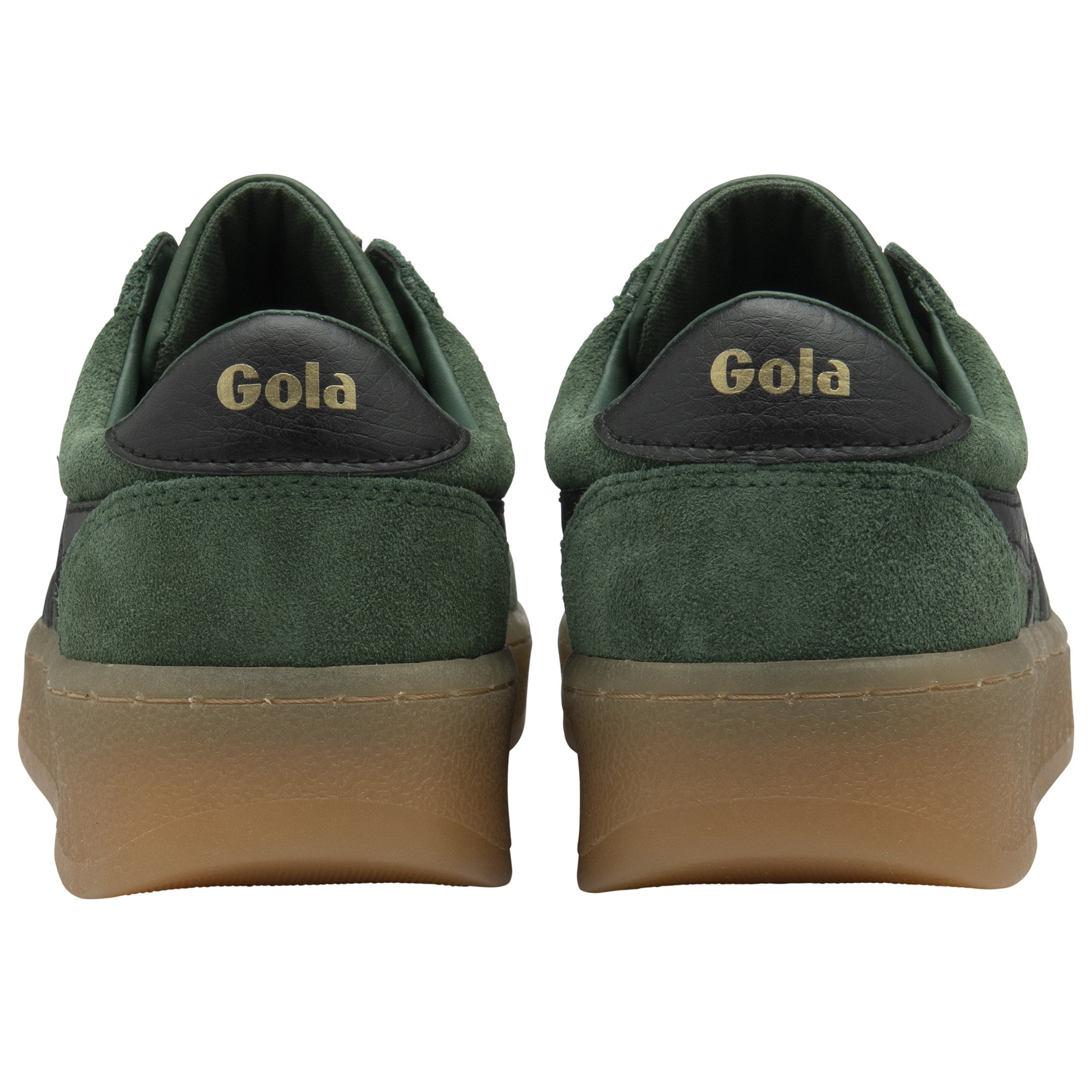 The back of a pair of dark green Gola sneakers, showing the Gola logo on the heels.