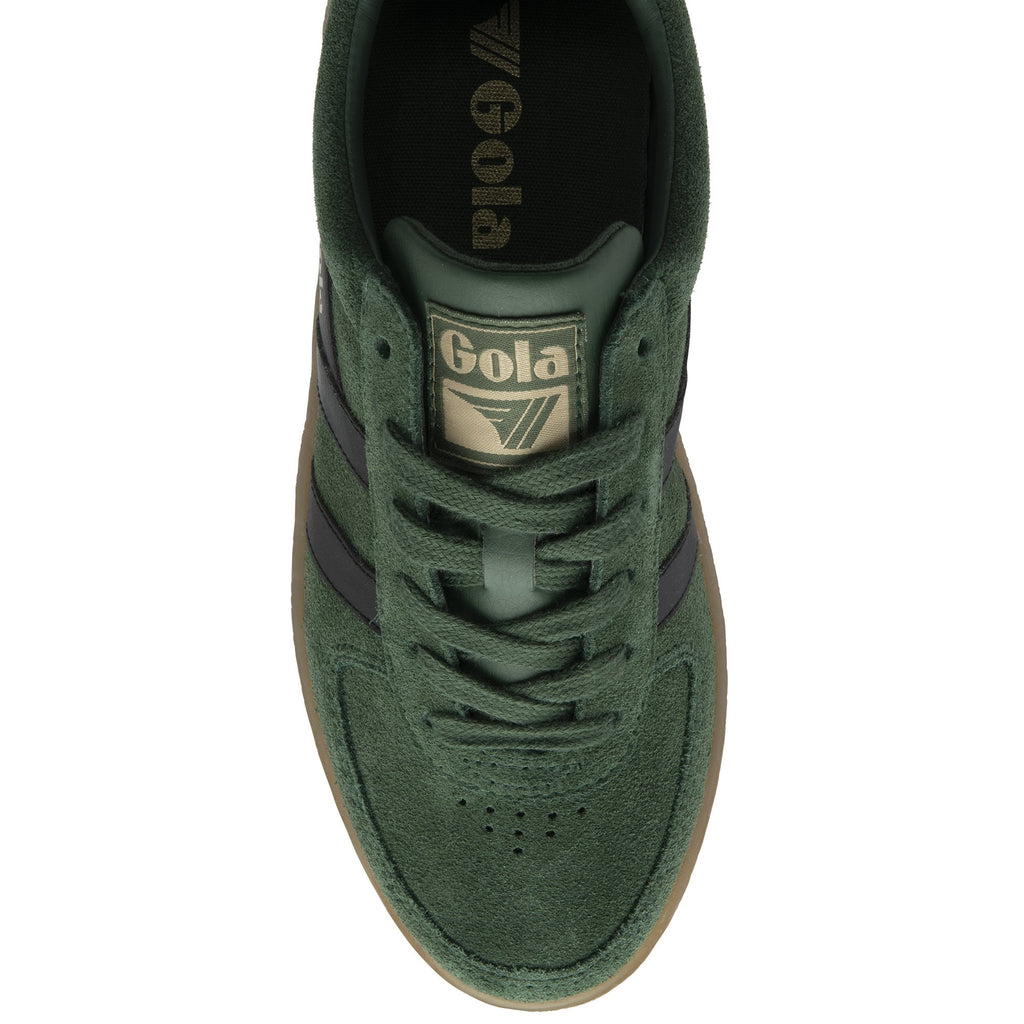 A top-down view of a dark green Gola sneaker, highlighting the laces and tongue logo.