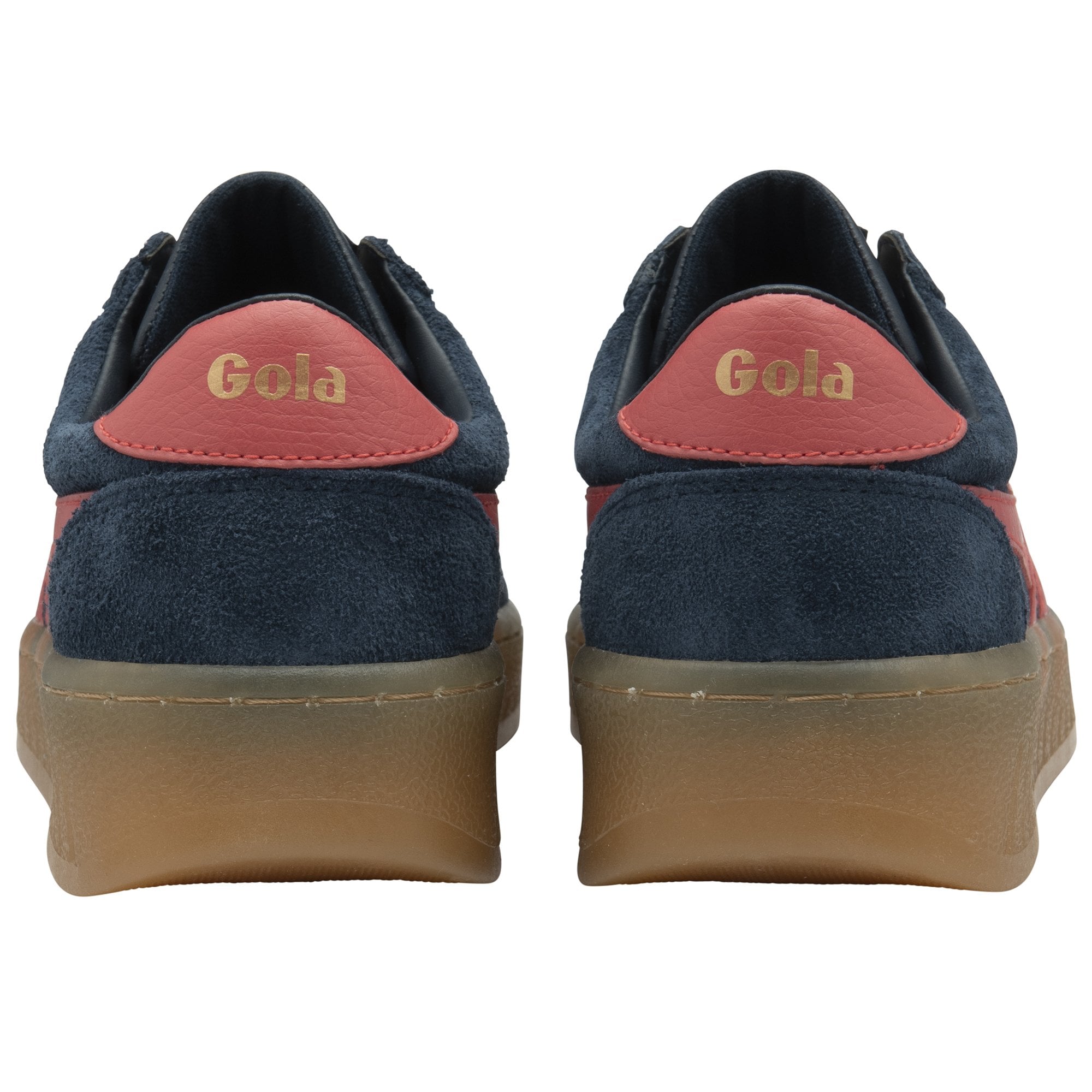 A pair of Gola men's sneakers in navy and red, shown from the back.